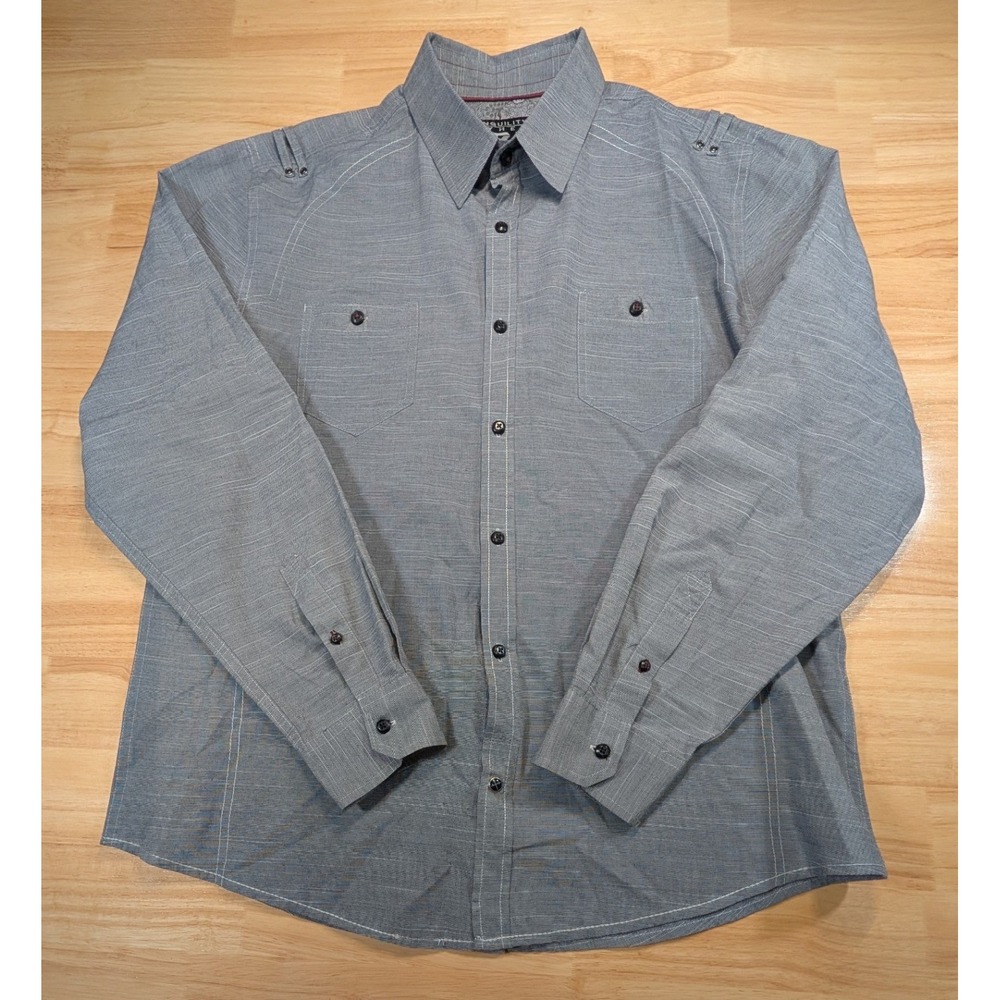 Tranquility Mayhem Mens XL Gray Micro Stripe‎ Button Shirt Long Sleeve Epaulet